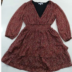 MiMi Chica burgundy/ pink Ditzy Floral dress mock waist, tiered Romantic Boho